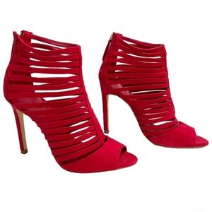 Zara Bright Red Faux Suede Strappy Caged Open Toe 4” Stiletto Heels Size‎ 36